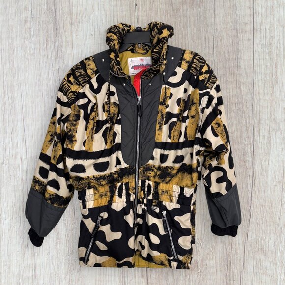 Vintage 90s Obermeyer Ski Jacket Abstract Animal Print Black Gold Beige Hood 6 - Picture 5 of 7